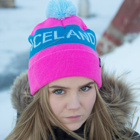 Iceland Beanie with Pom - Pink/Teal - Idontspeakicelandic