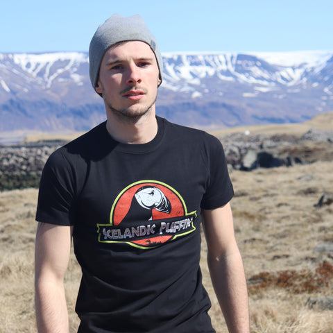 Jurassic Puffin T-Shirt Black Idontspeakicelandic